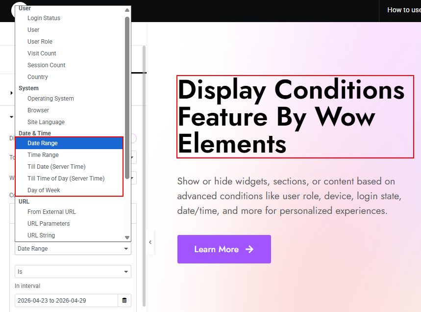 Date & Time Condition of Display Conditions