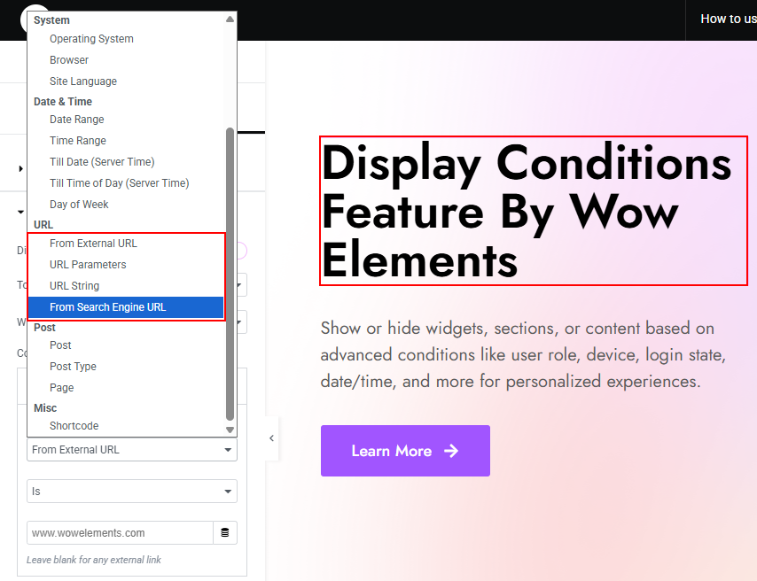URL Condition of Display Conditions