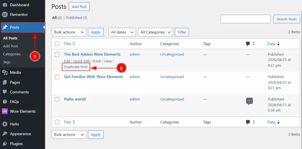 After Enabling the Duplicator Feature - Visual of the Posts Tab 01