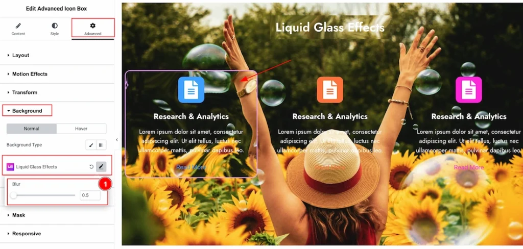 Using the Liquid Glass Effects on Advanced Icon Box Element