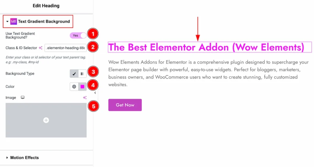 Configuring the Text Gradient Background Extension - Heading Widget (Classic Background)