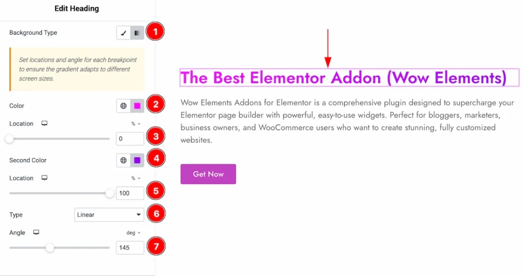 Configuring the Text Gradient Background Extension - Heading Widget (Gradient Background 01)
