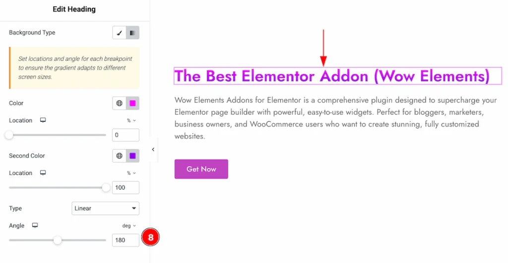 Configuring the Text Gradient Background Extension - Heading Widget (Classic Background 02)