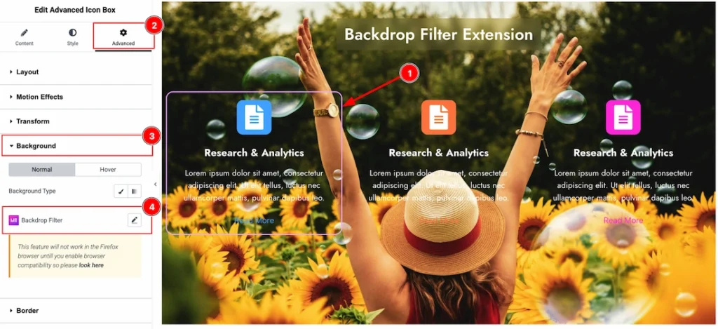 Using the Backdrop Filter Extension on Advanced Icon Box Element 01