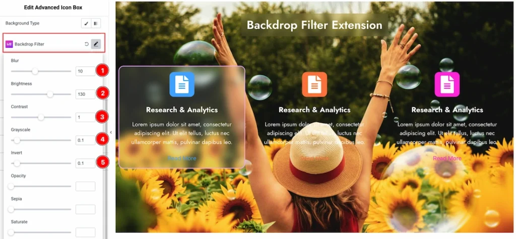 Using the Backdrop Filter Extension on Advanced Icon Box Element 02