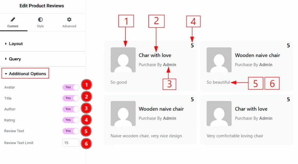 How to use the Product Reviews widget by Wow Elements Pro - Content Tab Overview - Additional Options Section 