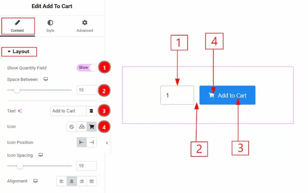 How to use the Add To Cart widget by Wow Elements Pro - Content Tab Overview - Layout Section 01