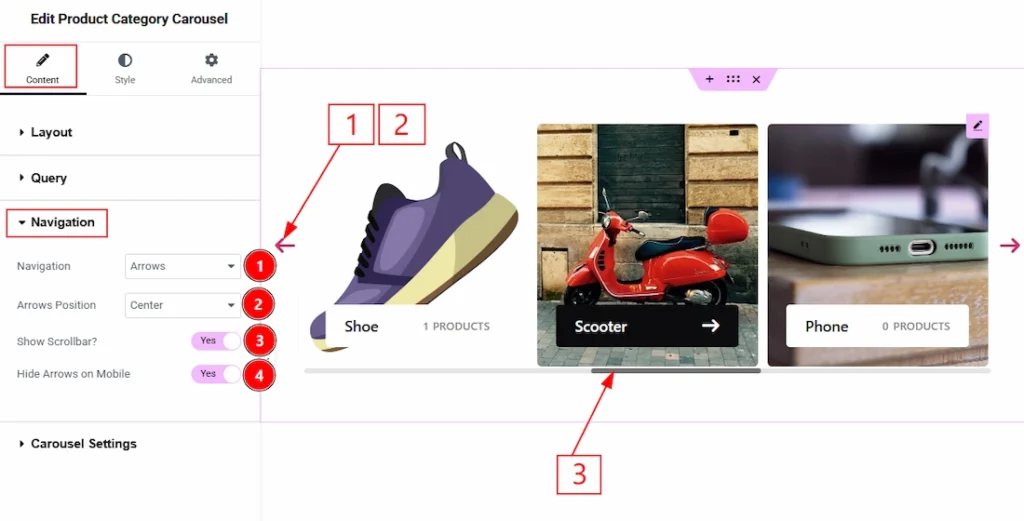 How to use the Product Category Carousel widget by Wow Elements Pro - Content Tab Overview - Navigation Section