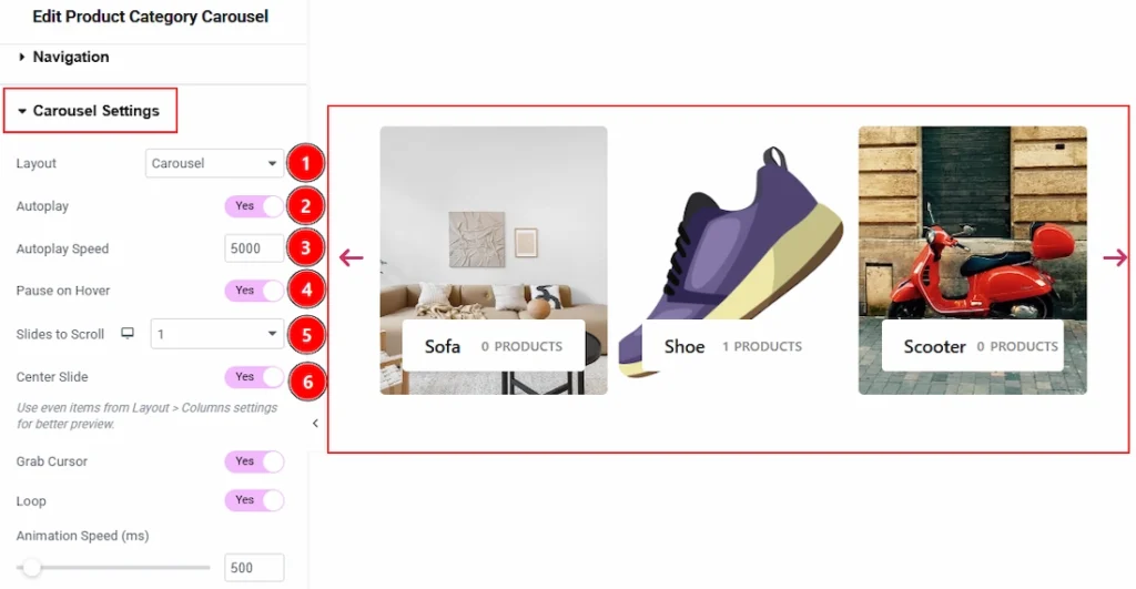 How to use the Product Category Carousel widget by Wow Elements Pro - Content Tab Overview - Carousel Settings Section 01