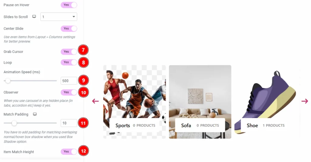How to use the Product Category Carousel widget by Wow Elements Pro - Content Tab Overview - Carousel Settings Section 02