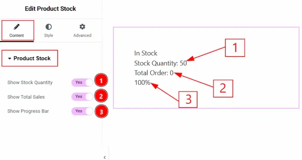 How to use the Product Stock widget by Wow Elements Pro - Content Tab Overview - Product Stock Section