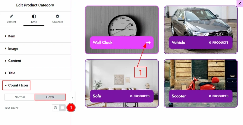 How to use the Product Category widget by Wow Elements Pro - Style Tab Overview - Count/Icon Section 02