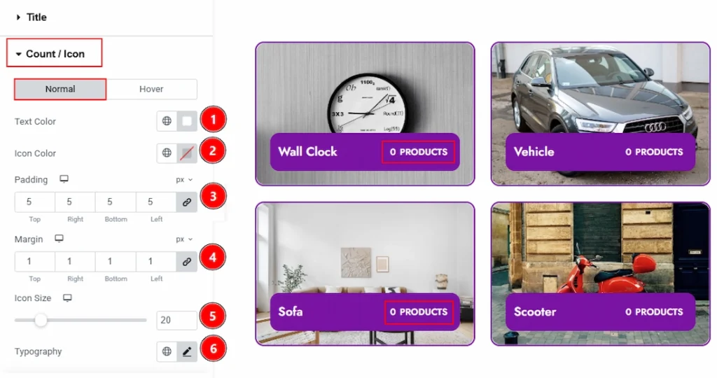 How to use the Product Category widget by Wow Elements Pro - Style Tab Overview - Count/Icon Section 01
