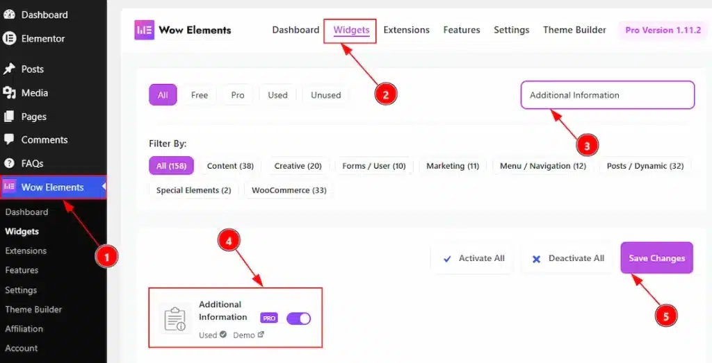 How to use the Additional Information widget by Wow Elements Pro - Enable the Additional Information Widget