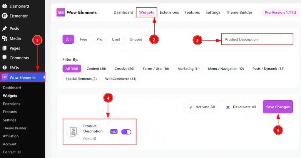 How to use the Product Description widget by Wow Elements Pro - Enable the Product Description Widget