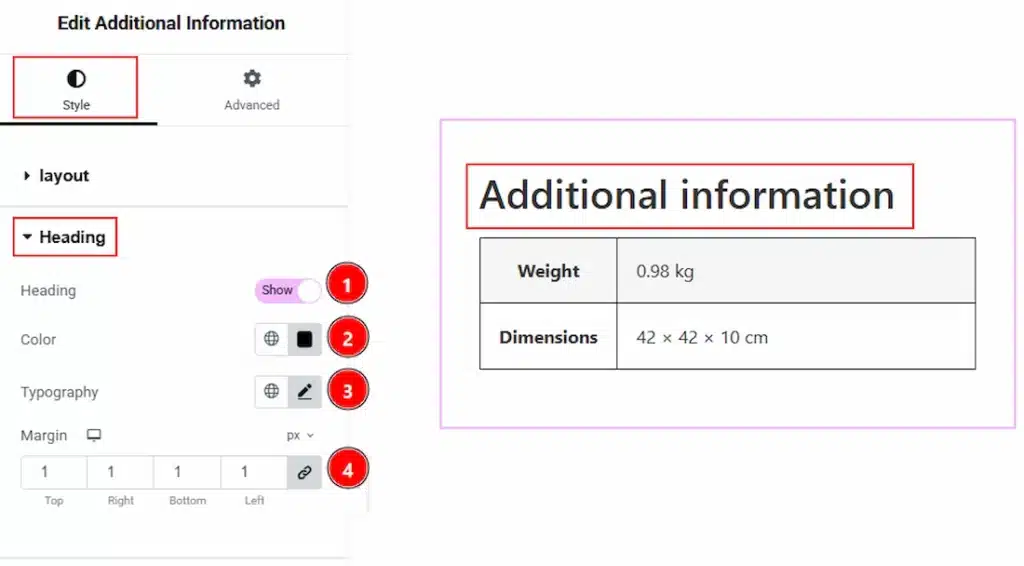 How to use the Additional Information widget by Wow Elements Pro - Style Tab Overview - Heading Section