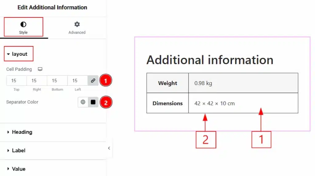 How to use the Additional Information widget by Wow Elements Pro - Style Tab Overview - Layout Section