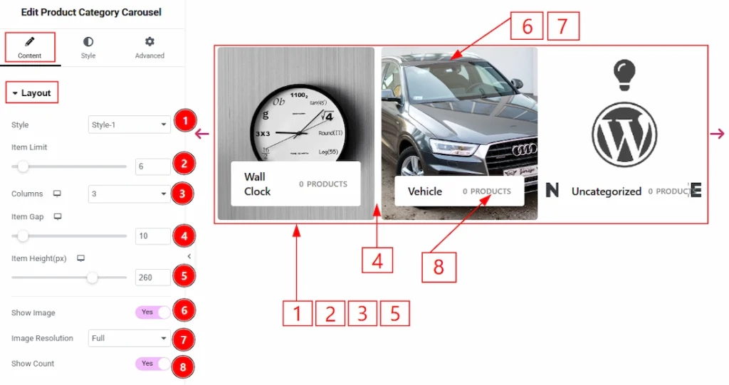 How to use the Product Category Carousel widget by Wow Elements Pro - Content Tab Overview - Layout Section