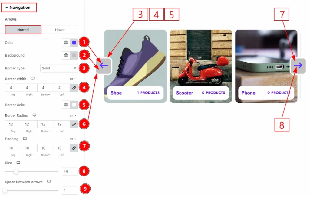How to use the Product Category Carousel widget by Wow Elements Pro - Style Tab Overview - Navigation Section 01