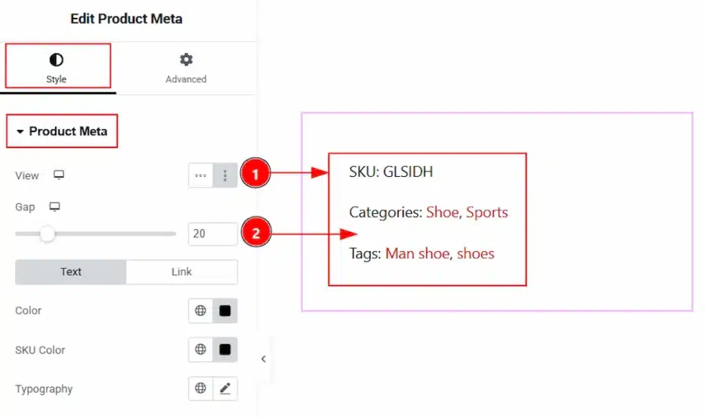 How to use the Product Meta widget by Wow Elements Pro - Style Tab Overview - Product Meta Section 01