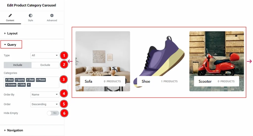 How to use the Product Category Carousel widget by Wow Elements Pro - Content Tab Overview - Query Section