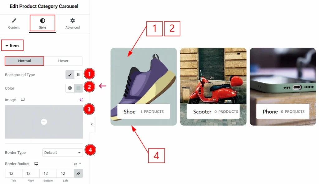 How to use the Product Category Carousel widget by Wow Elements Pro - Style Tab Overview - Items Section 01
