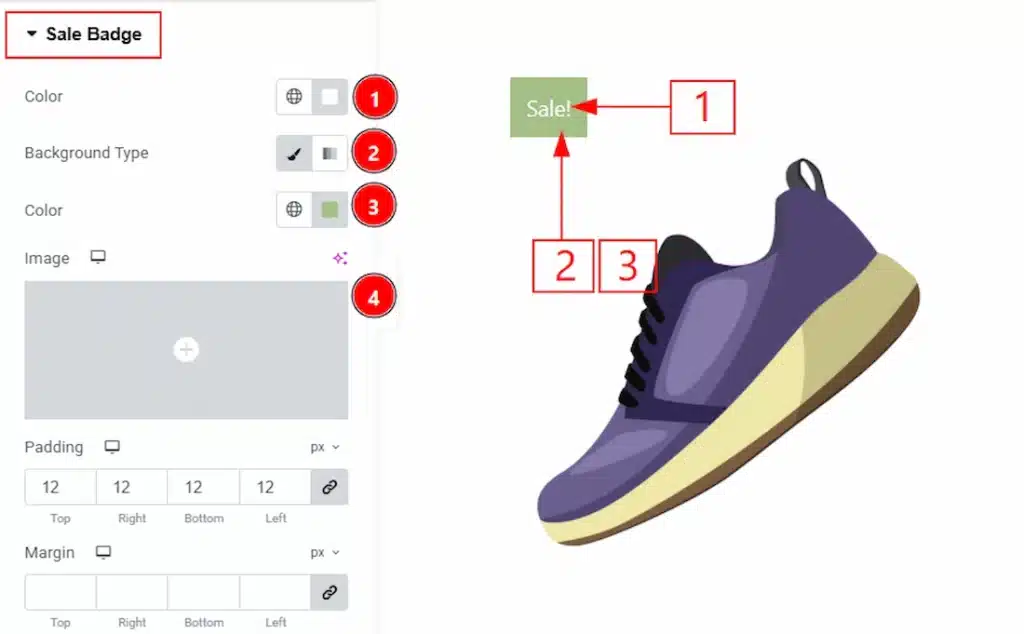 How to use the Product Image widget by Wow Elements Pro - Style Tab Overview - Sale Badge Section 01