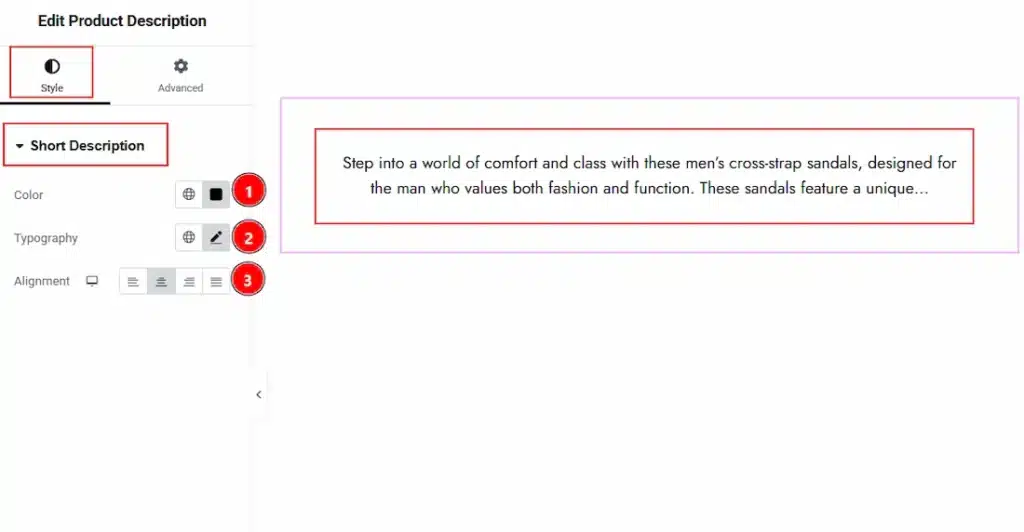 How to use the Product Description widget by Wow Elements Pro -Style Tab Overview - Product Description Section