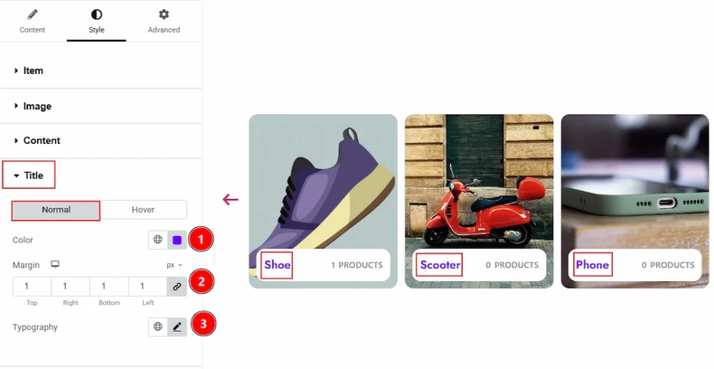 How to use the Product Category Carousel widget by Wow Elements Pro - Style Tab Overview - Title Section 01