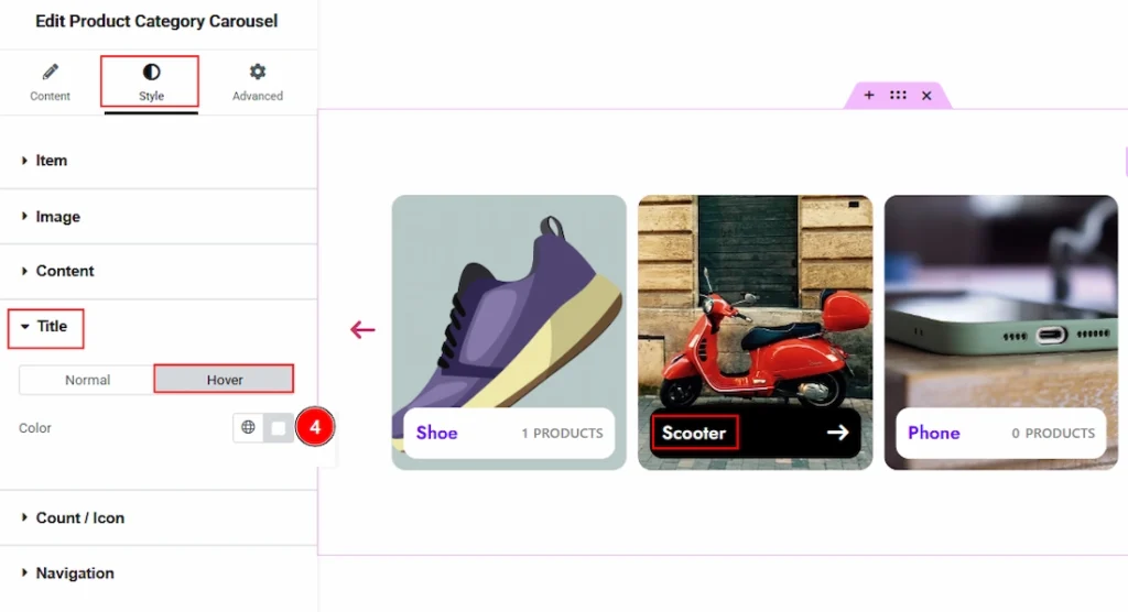 How to use the Product Category Carousel widget by Wow Elements Pro - Style Tab Overview - Title Section 02