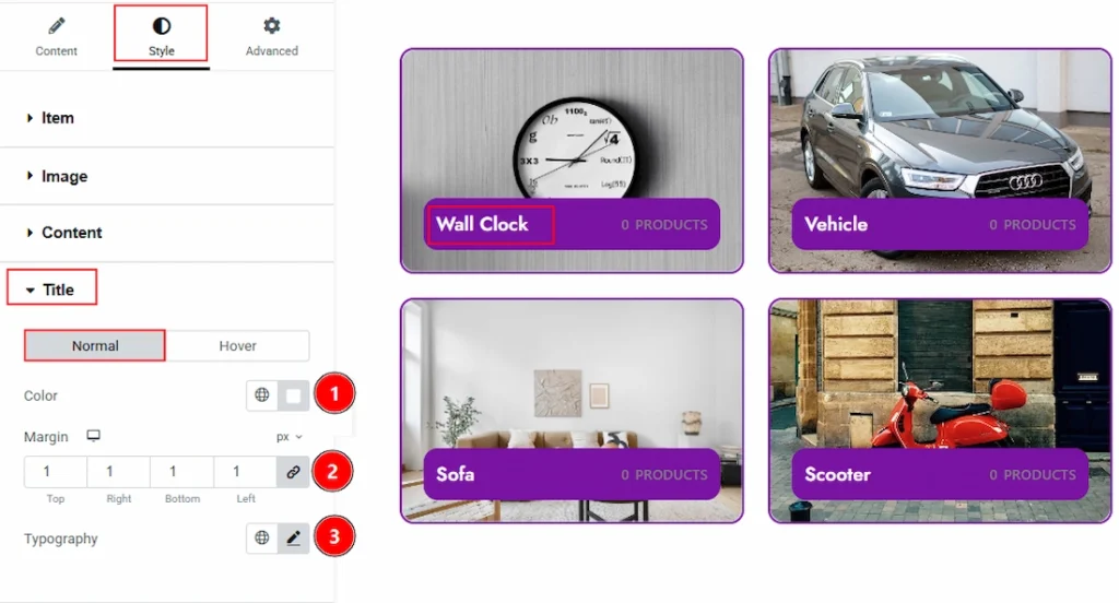 How to use the Product Category widget by Wow Elements Pro - Style Tab Overview - Title Section 01