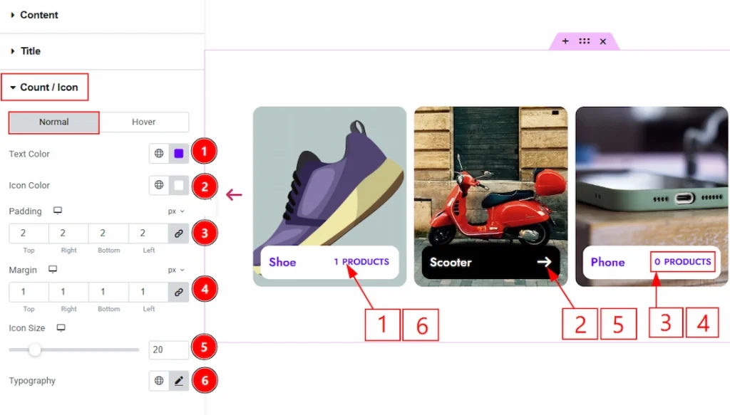 How to use the Product Category Carousel widget by Wow Elements Pro - Style Tab Overview - Count/Icon Section 01