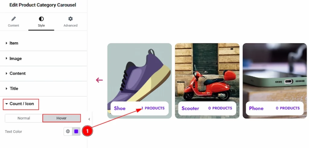 How to use the Product Category Carousel widget by Wow Elements Pro - Style Tab Overview - Count/Icon Section 02