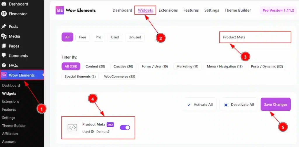 How to use the Product Meta widget by Wow Elements Pro - Enable the Product Meta Widget 