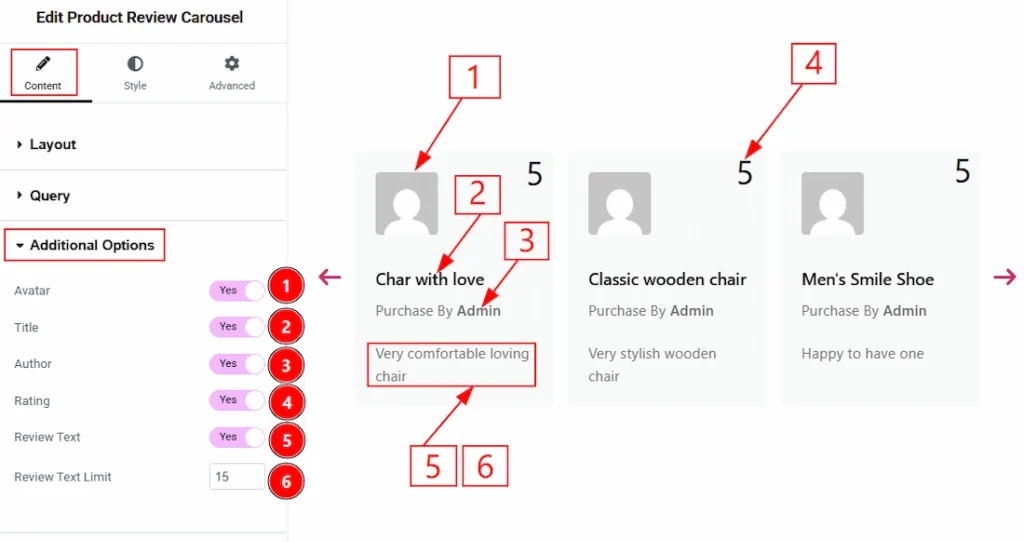 How to use the Product Review Carousel widget by Wow Elements Pro - Content Tab Overview - Additional Options Section