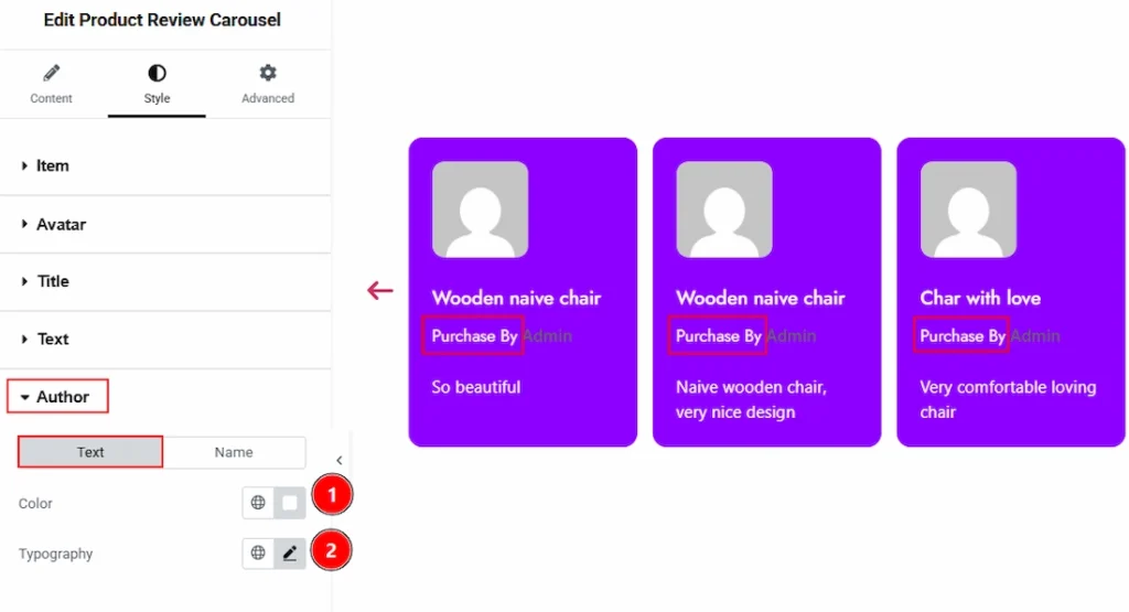 How to use the Product Review Carousel widget by Wow Elements Pro - Style Tab Overview - Author Section 01