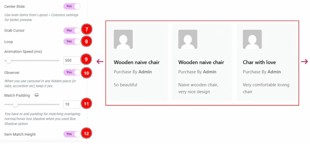 How to use the Product Review Carousel widget by Wow Elements Pro - Content Tab Overview - Carousel Settings Section 02