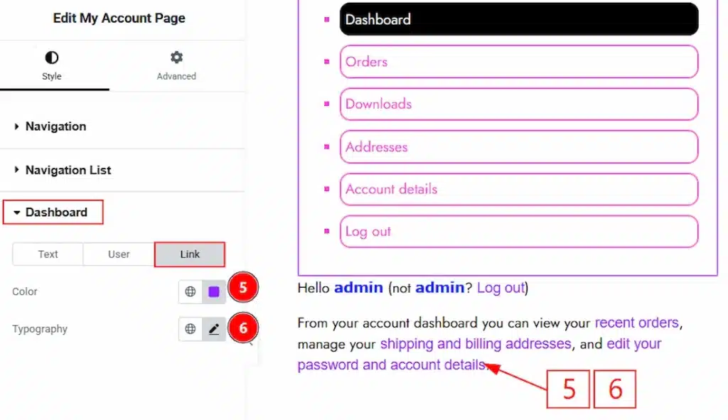 How to use the My Account Page widget by Wow Elements Pro - Style Tab Overview - Dashboard Section 03