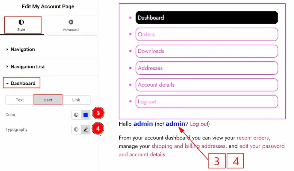 How to use the My Account Page widget by Wow Elements Pro - Style Tab Overview - Dashboard Section 02