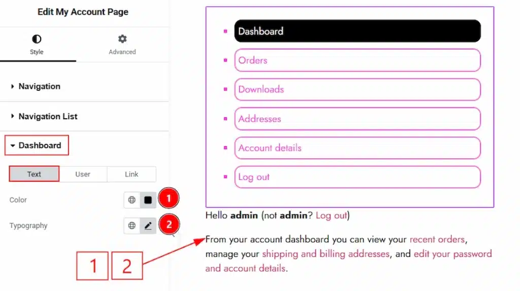How to use the My Account Page widget by Wow Elements Pro - Style Tab Overview - Dashboard Section 01
