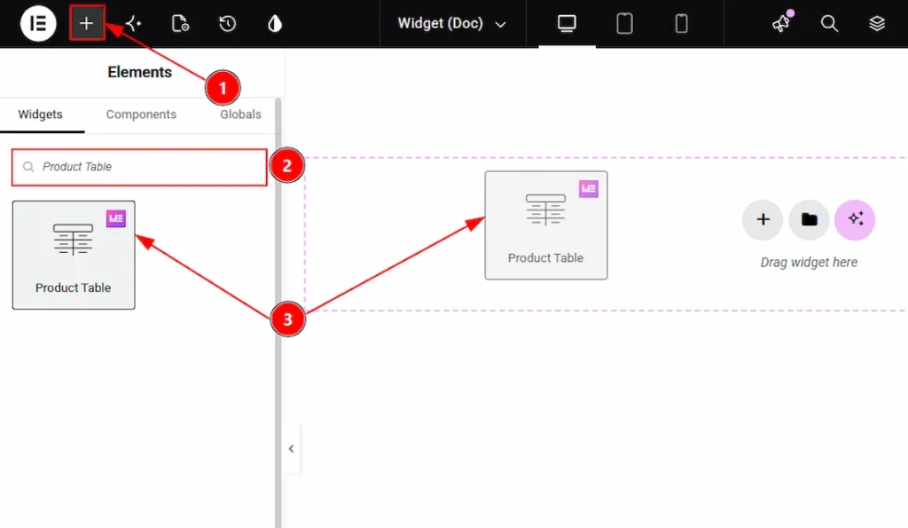 Inserting the Product Table widget