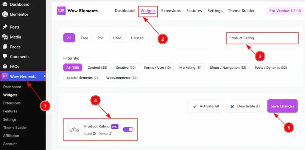 How to use the Product Rating widget by Wow Elements Pro - Enable the Product Rating Widget