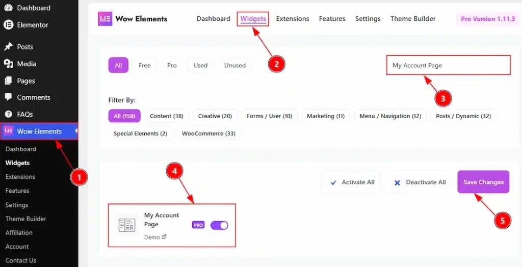 How to use the My Account Page widget by Wow Elements Pro - Enable the My Account Page Widget