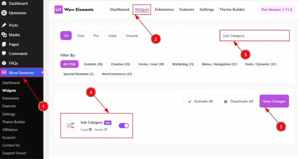 Enable the Sub Category Widget