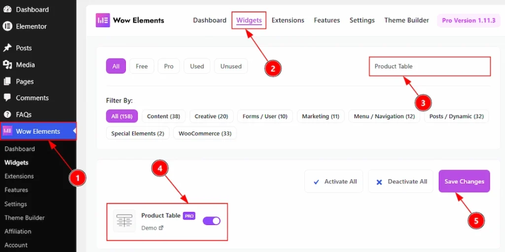 Enable the Product Table Widget