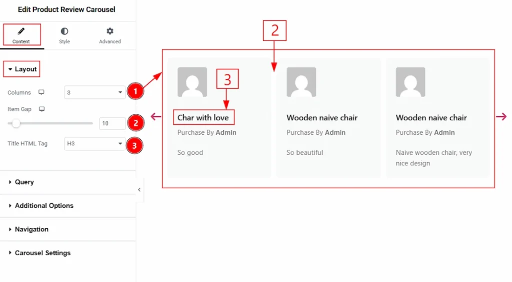 How to use the Product Review Carousel widget by Wow Elements Pro - Content Tab Overview - Layout Section