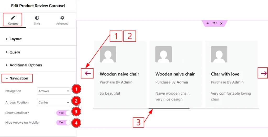 How to use the Product Review Carousel widget by Wow Elements Pro - Content Tab Overview - Navigation Section