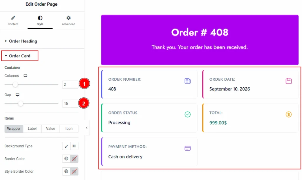 Order Card Section 