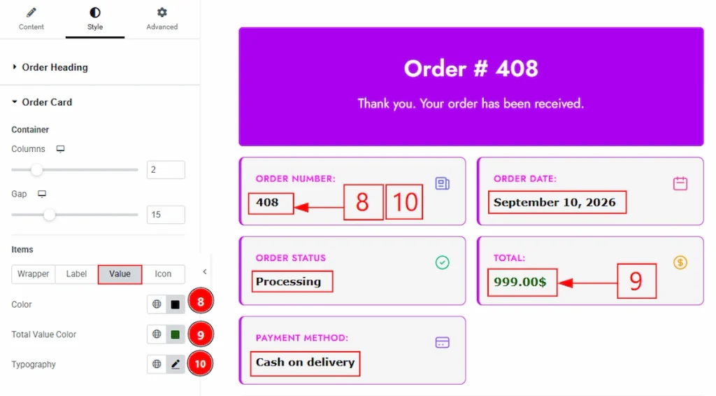 Order Card Section - value