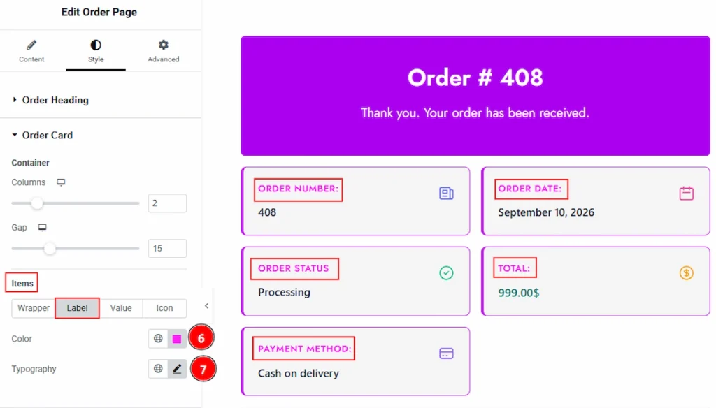 Order Card Section - label